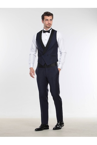 Kip Saks Fitted Fit Şal Yaka Klasik Yelek Saks