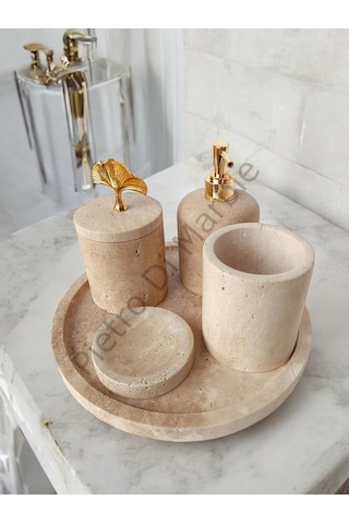 Sarı Traverten Klasik Model 5 Parça Gold Renk Japon Gülü Aksesuarlı Banyo Seti Sarı Traverten