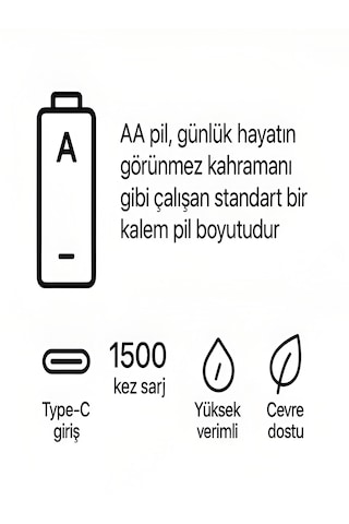 Type-c Şarjlı 2800mwh 1.5v Şarj Edilebilir 2'li Aa Kalın Pil - Lityum İyon Batarya