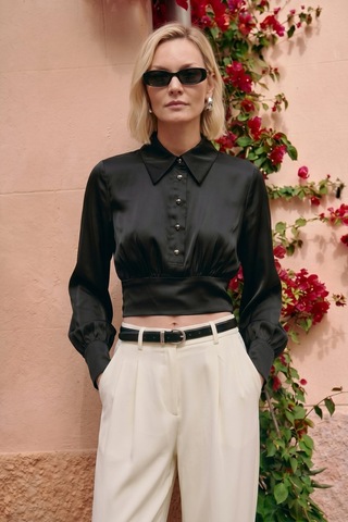 Sateen Düğme Detaylı Saten Bluz - Siyah-137515