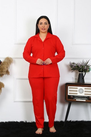Akbeniz Kadın Büyük Beden Pamuklu Cepli Düğmeli Kırmızı Pijama Takım 202401-kırmızı Kırmızı