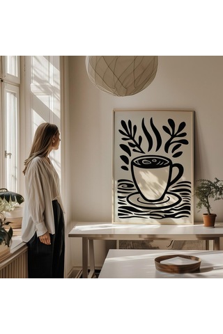 Minimalist Kahve Fincanı Sanat Baskısı Siyah Ve Bej Dijital İndirme Açık Ahşap