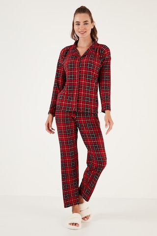 Lela Desenli Beli Lastikli Gömlek Yaka Dokuma Bayan Pijama Takımı 6095660W4 Kırmızı-Lacivert