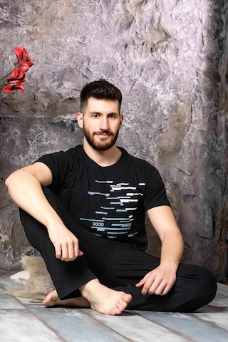 Nisanca Yazlık Kısa Kol %100 Pamuk Erkek Pijama Takımı Siyah