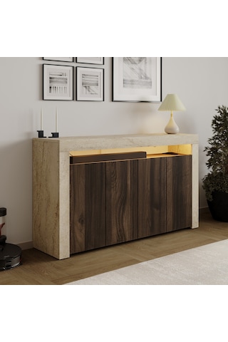 İnarch Dizayn Batı Led Işıklı Konsol Modern 4 Kapaklı Tv Konsolu - Tv Ünitesi Traverten/ceviz
