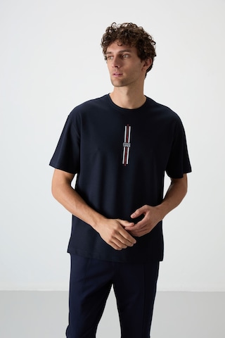 Tommy Life Lacivert Pamuklu Kalın Yüzeyi Dokulu Oversize Fit Baskılı Erkek T-shirt - 88366 Lacivert