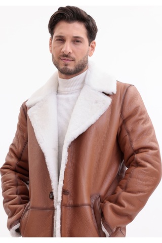 M M Marki Marki Erkek Hakiki Deri Kaban, İçi Kürklü, 90 Cm, Viski Rengi, Kışlık, Premium, İçi Kürklü Kaban - 500022