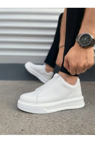 Mevese Torino Erkek Bağcıksız Cilt Günlük Sneaker Ayakkabı Ortopedik Kalın Taban Beyaz