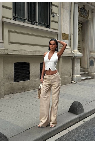 HLT Jeans Kadın Krem Baggy Beli Lastikli Keten Görünümlü %100 Pamuk Pantolon Emily-3018