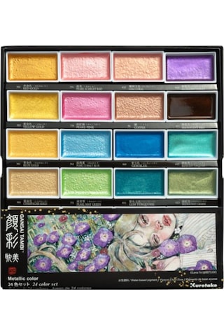 Kuretake Gansai Tambi Metalik Yaldız Tablet Sulu Boya Seti 24 Renk Set Mc20/24v/nw3 Çok Renkli