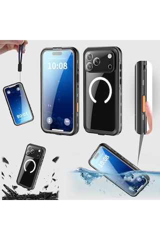 Apple Uyumlu iPhone 17 Pro Kılıf 360 Ön Ve Arka Koruyucu Su Geçirmez 1-1 Magsafe Pc+tpu Zırhlı Kapak Siyah