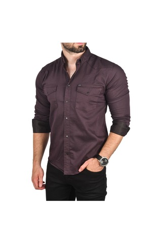 Deepsea Erkek Mürdüm Slim Fit Pamuklu Cepli Kot Gömlek Çıtçıtlı Uzun Kollu Spor Gömlek 2502503 Mürdüm