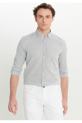 AC&Co / Altınyıldız Classics Erkek Grı Pamuklu Keten Slim Fit Dar Kesim Düğmeli Yaka Çizgili Gömlek Gri