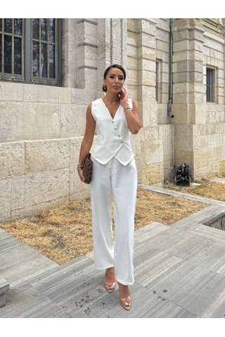 Ahes Shopping Kadın Sıfır Kollu Çapraz V Yakalı Önden Düğmeli Atlas Yelek Ve Pantolon Ikili Takım Beyaz