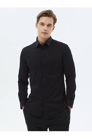 Kip Siyah Düz Regular Fit Dokuma Casual Pamuk Gömlek Siyah