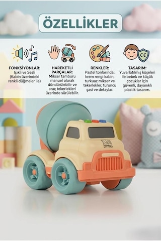 Işıklı Ve Sesli Eğitici Beton Mikseri Çocuklar İçin Güvenli Gelişim Destekleyici İlk Beton Mikserim Turkuaz - Turuncu