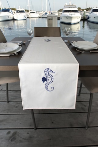 Marin Nakışlı Runner 145x40ve45x45 Kırlent Seti Deniz Atı Desen Su İtici Outdoor Keten Tekne Bahçe Krem