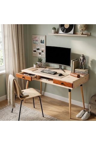 Mobenta Modest Desk: Masif Çalışma & Laptop Masası 2 Çekmece 1 Bölme - 120x60 Bz-bk Krem-bakır