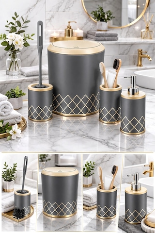Geometrik Zikzak Desenli 4 Lü Banyo Seti Gri