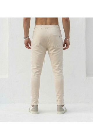 Plus Scorpion Erkek Slim Fit Eşofman Altı Yazılı Şerit Detaylı, Dar Paça Jogger Pantolon Bej