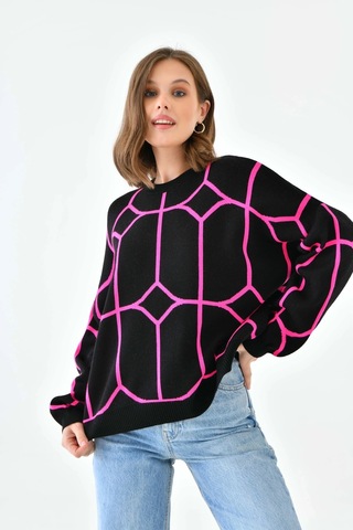 Park Karon Kadın Bisiklet Yaka Desenli Oversize Triko Kazak 224403 Siyah