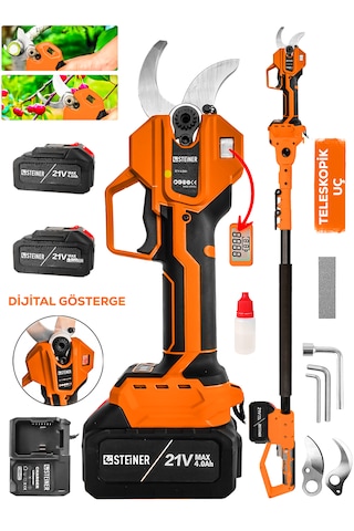 Steiner 30 Mm Dijital Kömürsüz Akülü Bağ Dal Ağaç Kesme Biçme Budama Şarjlı Makası Makinesi + Teleskop T4484