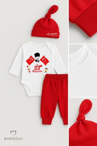 Babyden's İlk 23 Nisan Bayramı Bebek Takımı Atatürk Baskılı %100 Pamuk Uzun Kollu Body Pantolon Şapka Seti Kırmızı - Beyaz