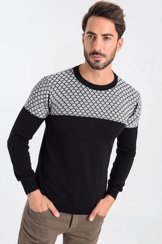 Heyss Bisiklet Yaka Petek Örgü Siyah-Ekru Erkek Triko Kazak Siyah