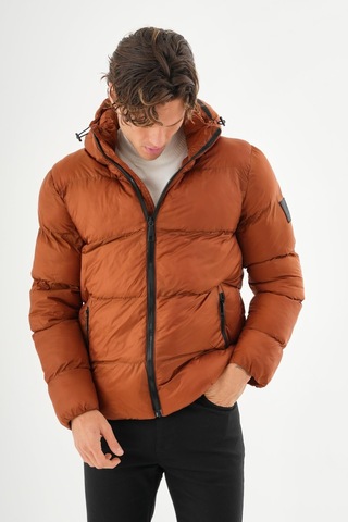 Erkek Kapüşonlu Fermuarlı Cepli Kışlık Şişme Kısa Mont KİREMİT