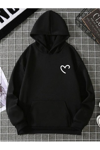 Yarım Kalp Sweatshirt - Siyah Baskılı Oversize Kışlık Kalın Kapüşonlu Siyah