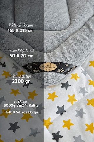 Sarı Star Desenli Tek Kişilik Çift Taraflı Wellsoft Yorgan Seti - Beyaz - 155x215 Sarı-beyaz