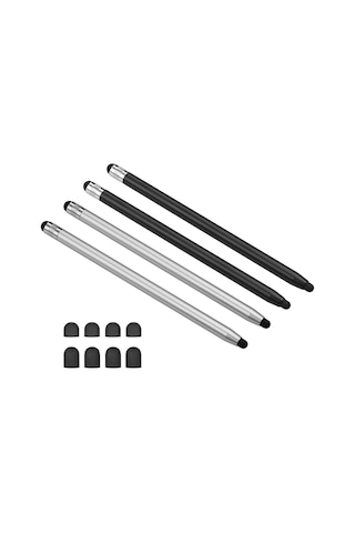 Moveevo 4 Adet Metal Stylus Kalem - Çift Uçlu Silikon Uçlu Dokunmatik Kalemler - Telefon Ve Tablet İçin Hassas Dokunma - 2 Siyah 2 Gümüş