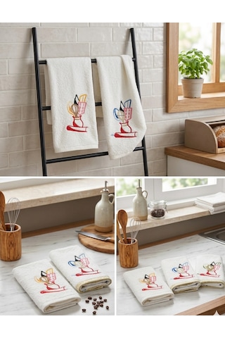 3 Lü Nakışlı Mutfak Havlusu Seti - 30x50 Cm Kutulu Hediyelik Mutfak Havlu Seti Krem