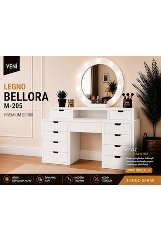 Legno Bellora Premıum Yuvarlak Aynalı Makyaj Masası Beyaz - Beyaz
