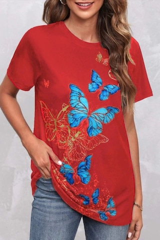 Hazego Kadın Kısa Kollu Mavi Sarı Kelebek Baskı Süprem T-shirt Kırmızı