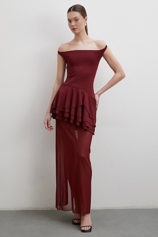 Boyun Askılı Fırfırlı Tül Elbise Bordo Bordo
