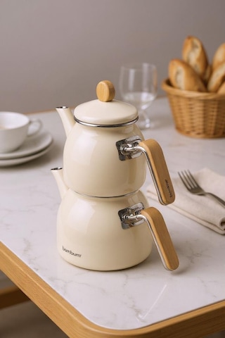 Sultan - Bambu Kulplu Çaydanlık Takımı Krem Krem