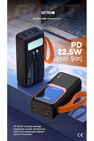 30.000 Mah 22.5w Hızlı Şarj Kablolu Pd Powerbank Led Fener Ve Dijital Göstergeli Taşınabilir Cihazı