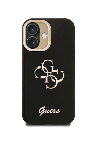 Apple iPhone 16 Uyumlu Kılıf Guess Lisanslı Grained Yazı Logolu Kamera Standlı Kapak Siyah