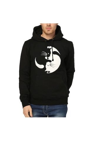Bant Giyim - Yin Yang Kedi Siyah Kapşonlu Erkek Sweatshirt