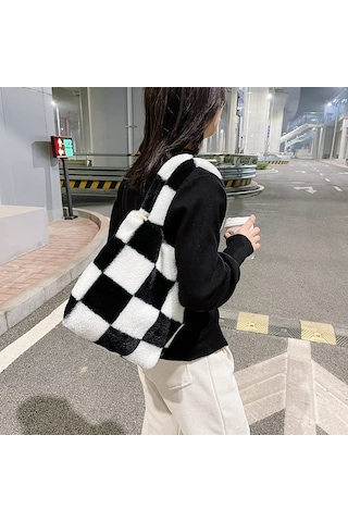 Peluş Kabarık Taşıma Çantası Büyük Kapasiteli El Çantaları Ve Siyah