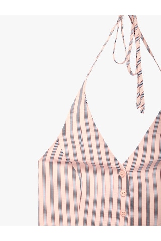 Koton Viskon Halter Yaka Çizgili Düğmeli Boyundan Bağlamalı Bluz Pembe Çizgili 6sal30034ıw