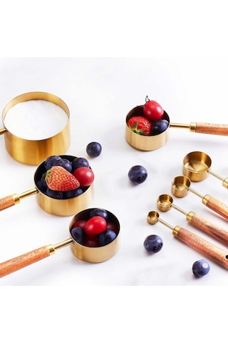 Paslanmaz Çelik Gül Altın Terazi Ahşap Saplı Ölçüm Aparatı Seti Mutfak Pişirme Araçları