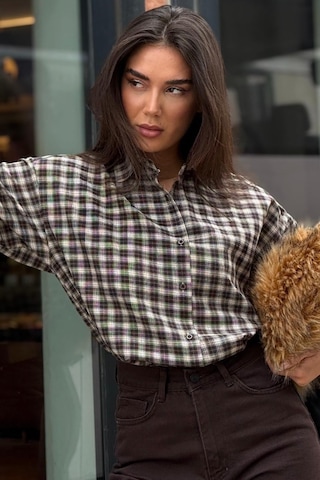 Madmext Camel Oversize Kareli Kadın Gömlek Mg2822