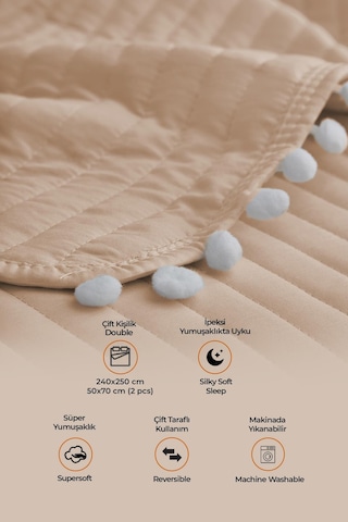 Evlen Home Collection Ponponlu Çift Kişilik %100 Pamuk Yatak Örtüsü Pike Takımı Bej
