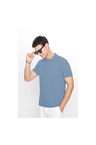 Tudors Erkek Slim Fit Dar Kesim Pamuklu Yumuşak Dokulu Serin Tutan Kumaş Düz Pike Mavi Polo Yaka Tişört-33698 Mavi