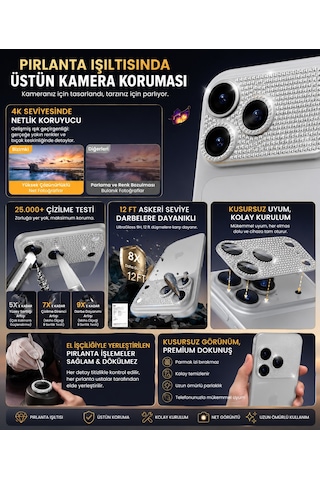 Apple Uyumlu iPhone 17 Pro - Komple Taşlı Lens Koruma Full Kamera Koruması Tek Parça Beyaz