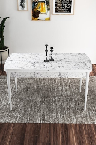 Canisa Concept Zen Serisi 80x132 Mdf Açılabilir Beyaz Mermer Desen Masa Takımı 4 Hardal Sandalye Ve 1 Bench Masa Beyaz Mermer Sandalye Ve Bench Hardal