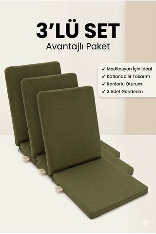 Meditasyon Sandalyesi Sırt Destekli Yer Minderi, Pamuklu Kumaş 3 Adet Yeşil