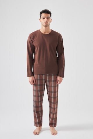 Erkek Pamuklu Uzun Kollu Ekose Desenli Pijama Takımı Ke77614 Kahverengi